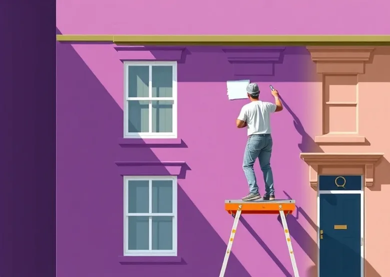 Peintre sur échafaudage traitant la façade d'une maison